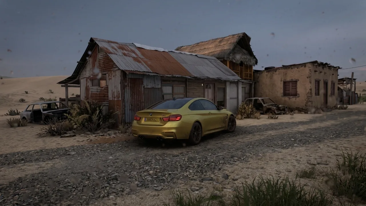A gold coupe parked beside rusted desert shacks beneath an overcast sky.