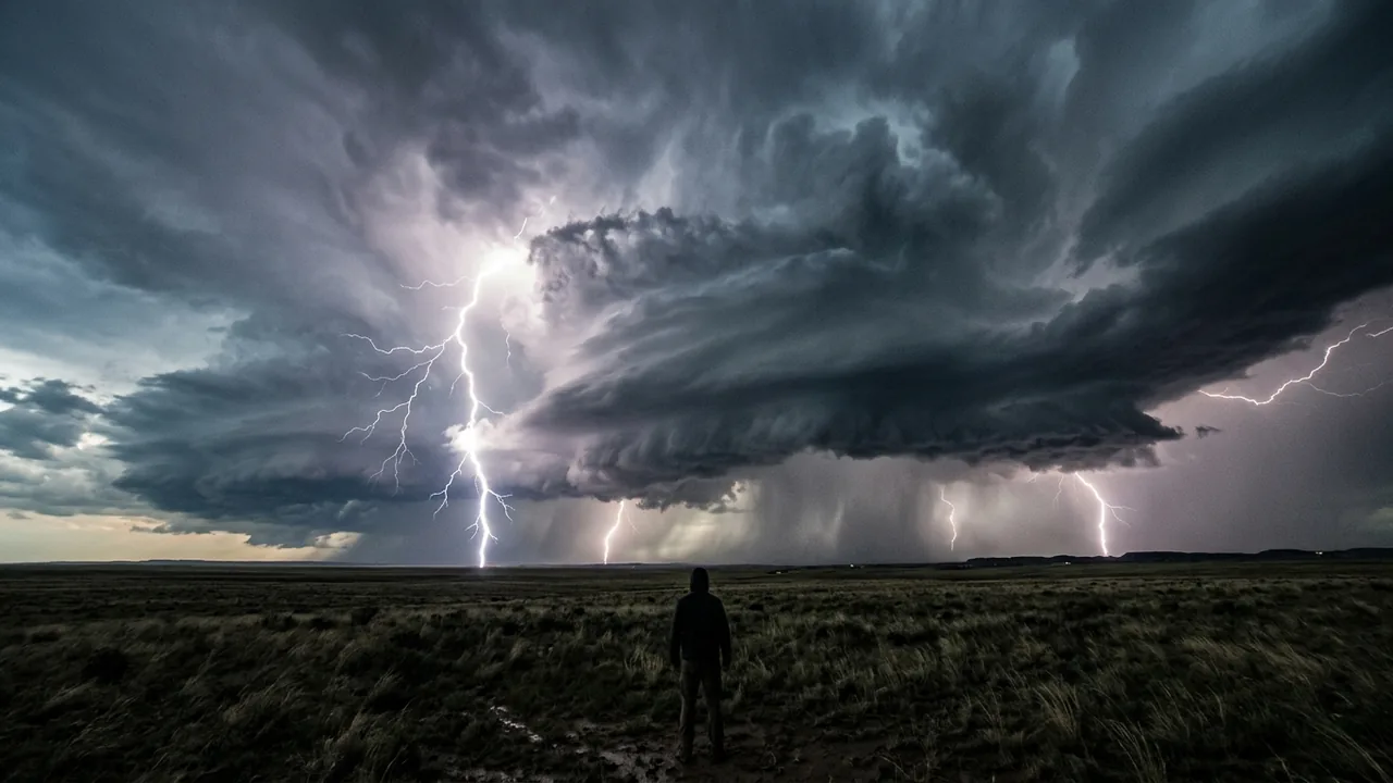 A lone figure facing a vast dark supercell storm split by several lightning bolts.