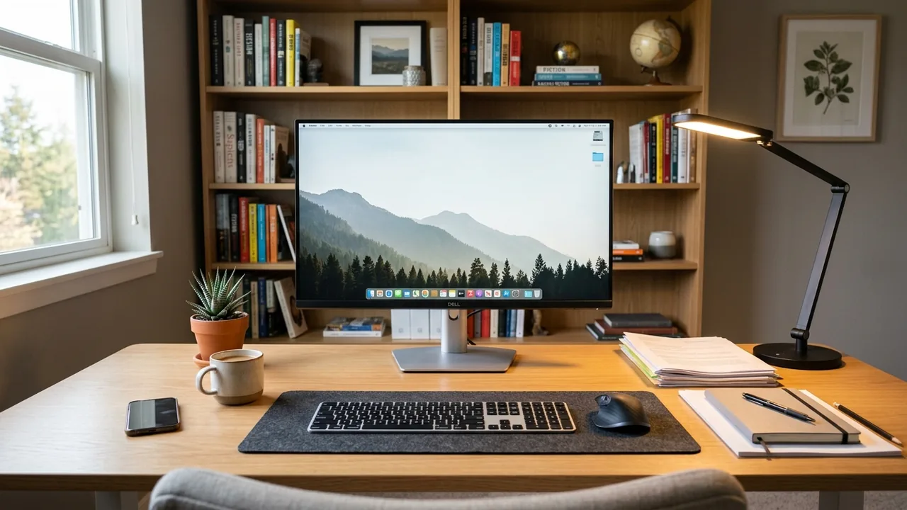 A tidy wooden desk with monitor, bookshelves, lamp, keyboard, and morning light.